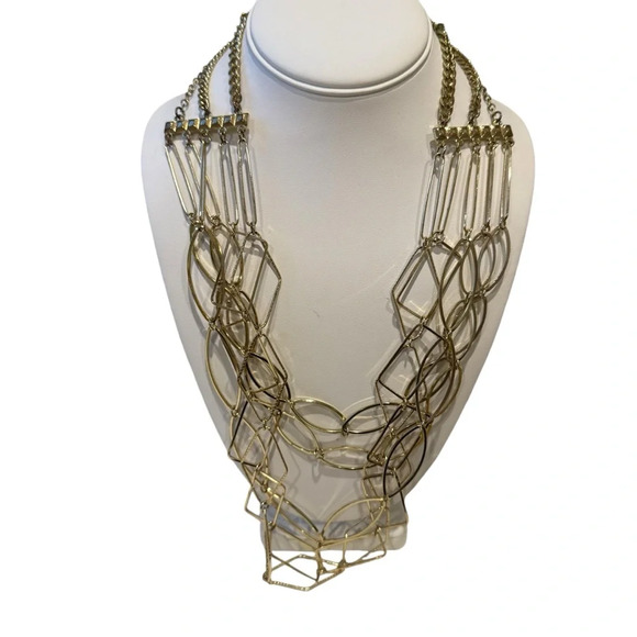 Long Gold-Tone Multi-Strand Layered Geometric Statement Necklace 20” Elegant - Picture 6 of 8